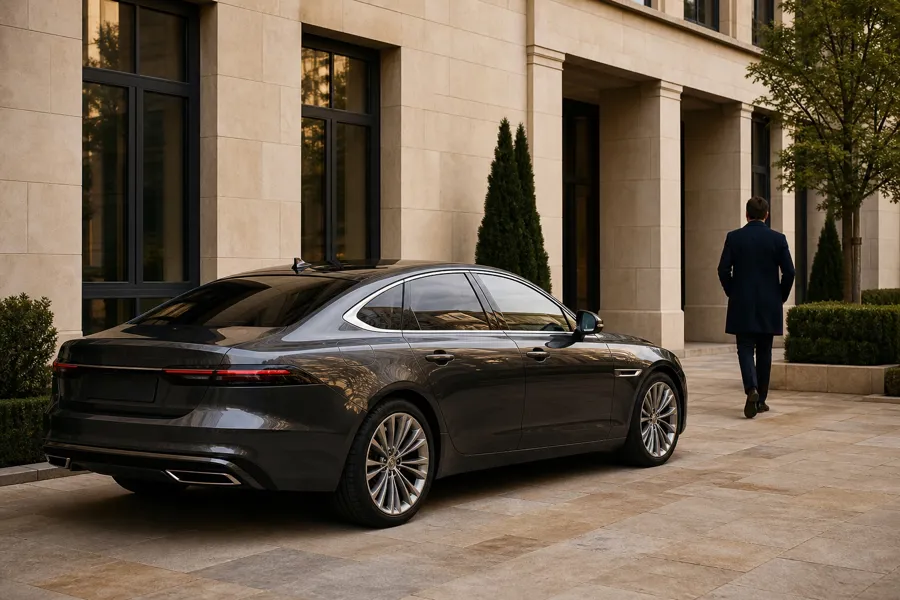 Executive company car outside a contemporary British office