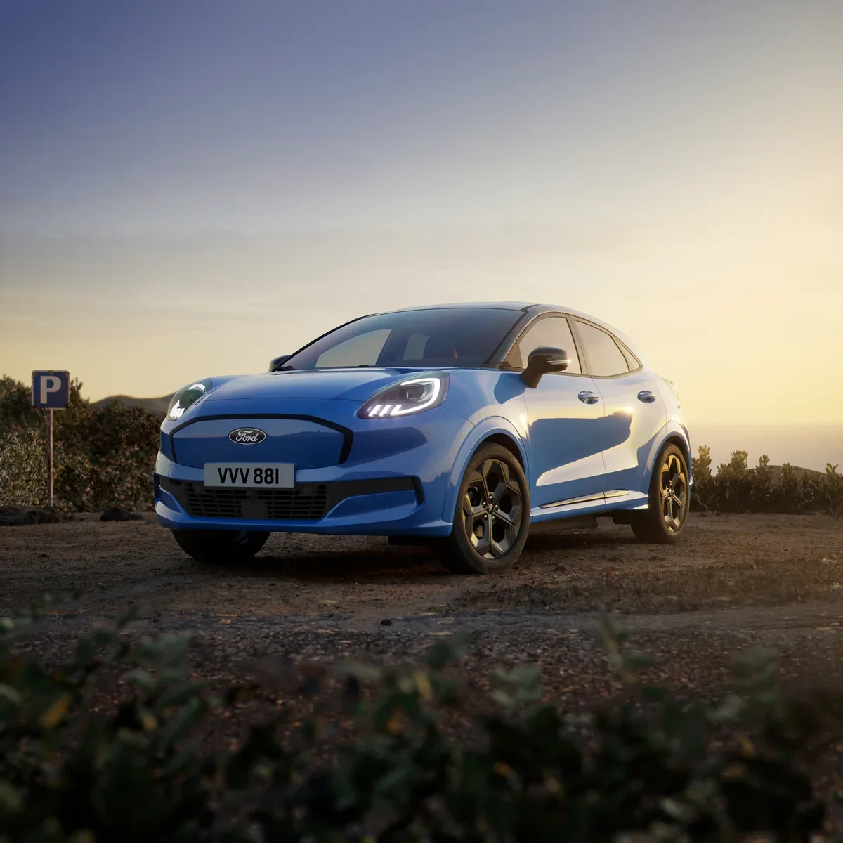 Blue 2026 Ford Puma Gen-E Black Edition parked beside a road