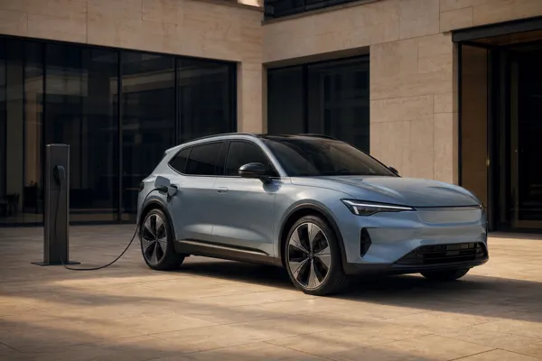 Premium electric company car connected to an office charging point