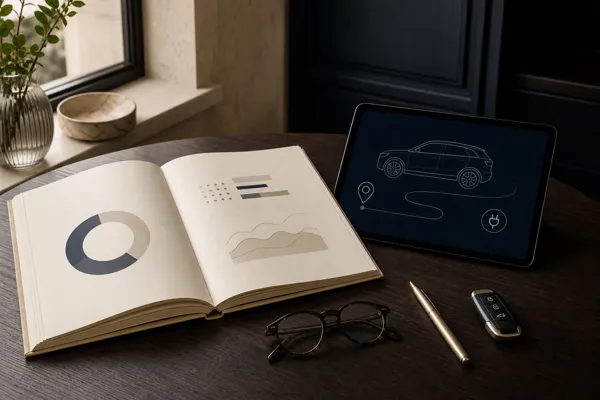 Vehicle leasing guide, tablet and car key on a desk