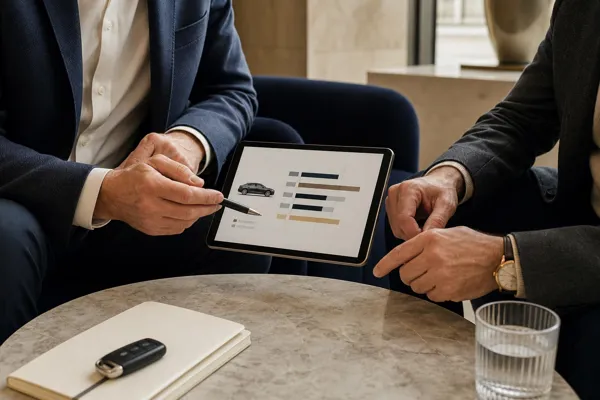 Company director reviewing vehicle cost comparisons with an adviser