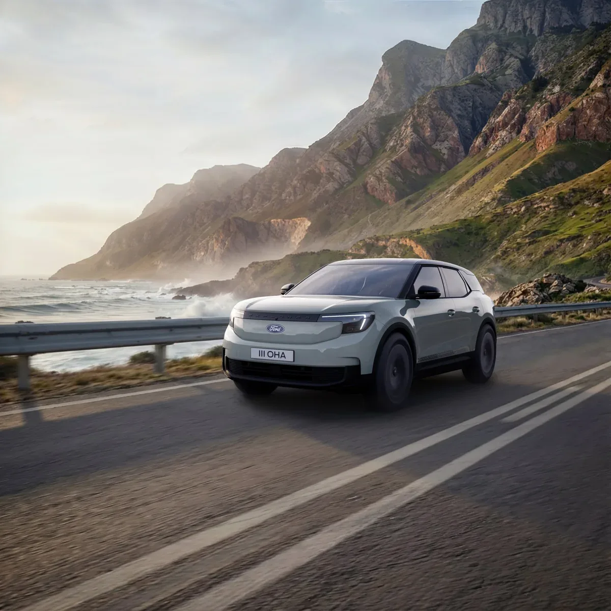 2026 Ford Explorer Collection electric SUV driving on a coastal road